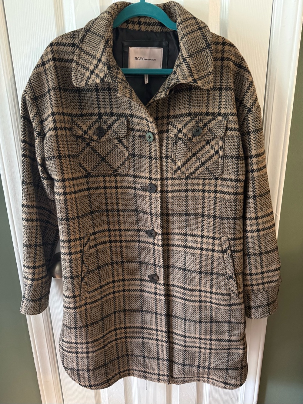 BCBGeneration Tan and Black Plaid Pea Coat